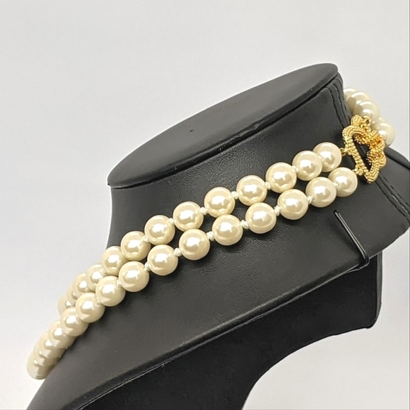 DESIGNER ERWIN PEARL VINTAGE DOUBLE STRAND FAUX PEARL FANCY CLASP CHOKER GOLD-PL - Picture 8 of 9